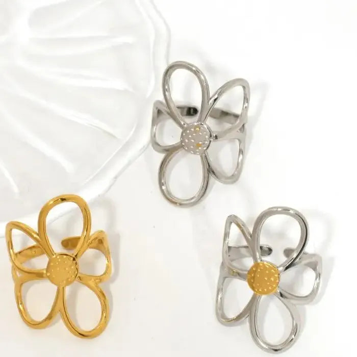 Stainless Steel Daisy Flower Ring for Women Gold Silver Open Stylish Jewelry Gift