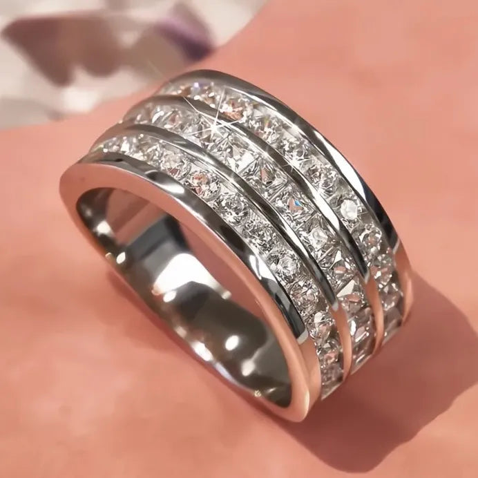 Three-Lines CZ Bridal Wedding Band for Women Sparkling Silver Ring