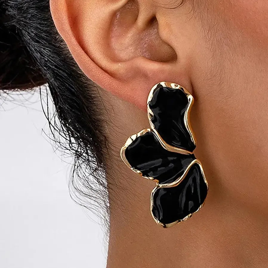 Vintage Black Enamel Flower Leaf Stud Earrings for Women Nature Jewelry