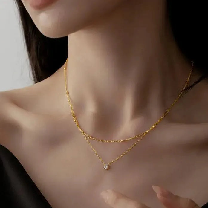 Stainless Steel Zircon Circle Pendant Necklace for Women Double Layer Durable Chain Waterproof