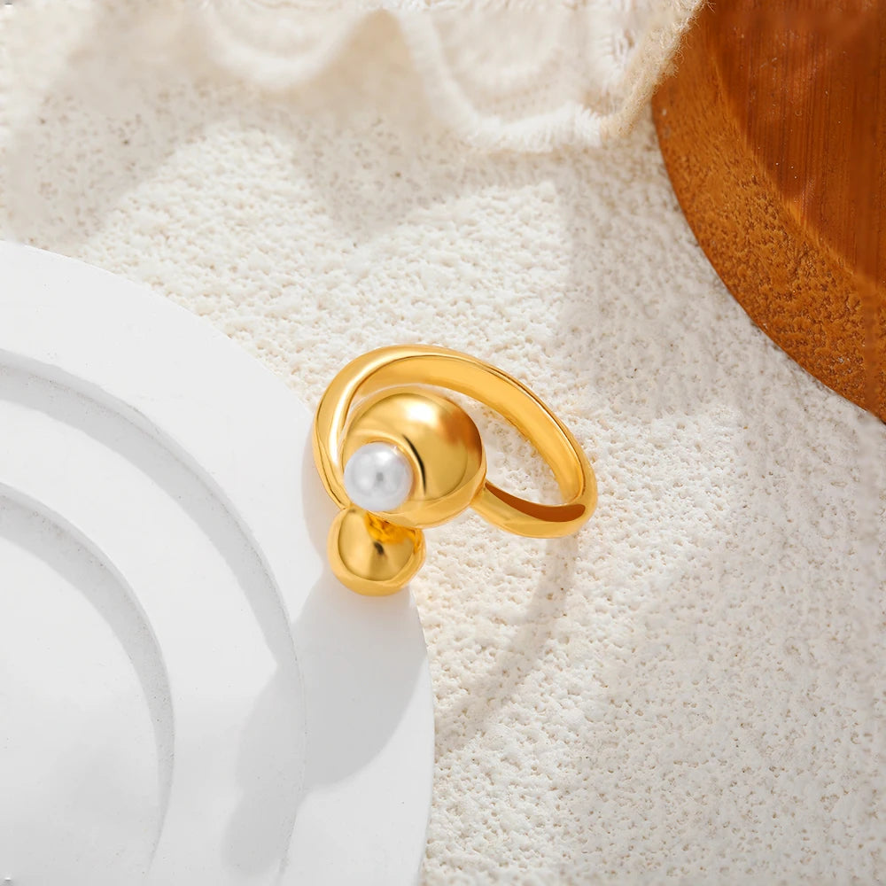 18K Gold Plated Stainless Steel Pearl Knuckle Ring Thick Metal Ball Fashion Jewelry
