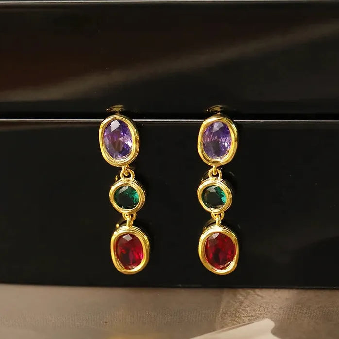 Classic Colorful Zircon Oval Drop Earrings for Women Vintage Style Jewelry