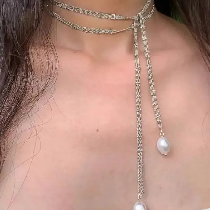 Light Luxury Silver Pearl Necklace Women Water Drop Pendant Extra-Long Chain Gift