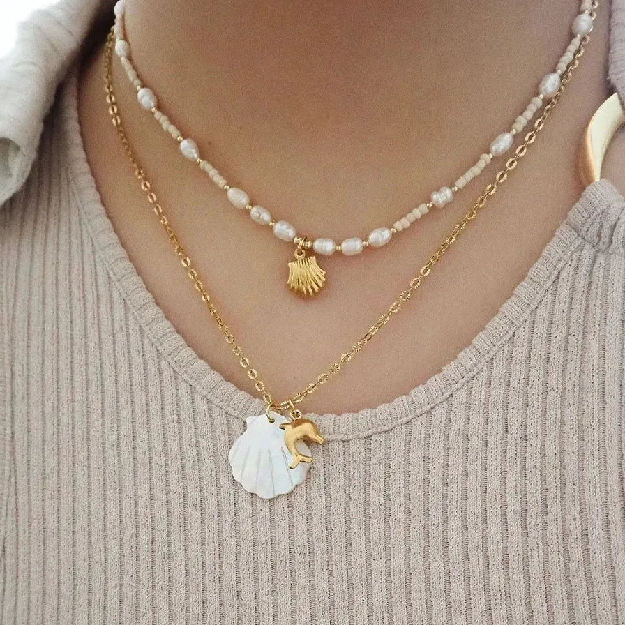 Boho White Shell Pendant Necklace Gold Stainless Steel Sea Turtle Star Choker