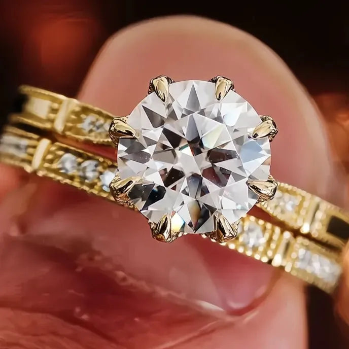 Luxury 2Pcs Women’s Rings Set Gold Color Brass Cubic Zirconia Wedding Jewelry Chic