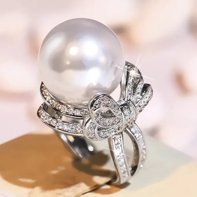 Bowknot Finger Ring with Simulated Pearl & CZ Brass Wedding Party Jewelry