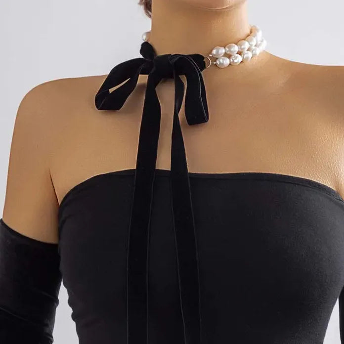 Punk Gothic Black Ribbon Bowknot Choker Necklace White Pearl Clavicle Y2K Jewelry Women