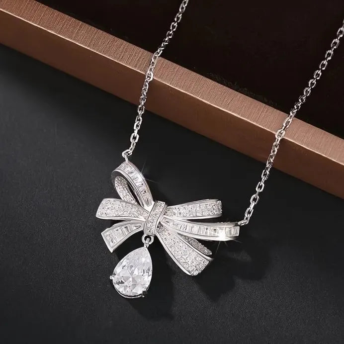 Bowknot Pendant Necklace with Zircon for Women Wedding Party Jewelry