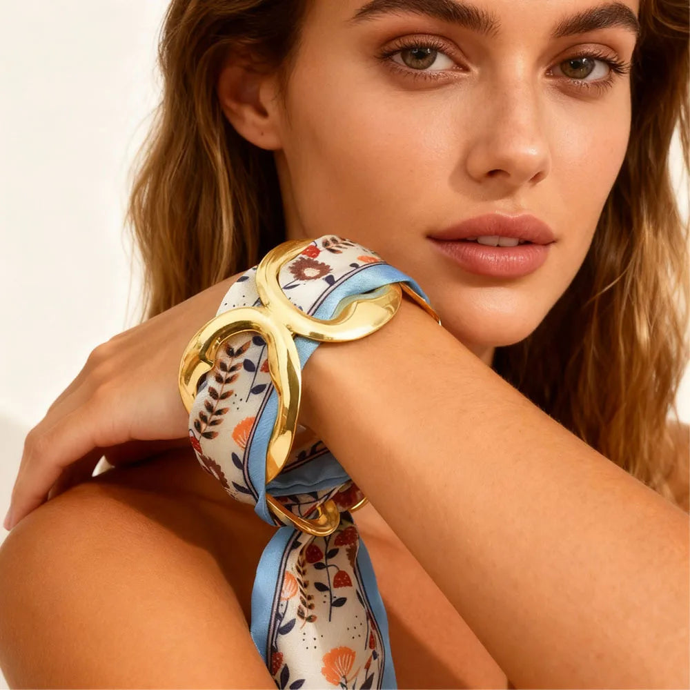 Gold-Tone Stainless Steel Geometric Skeleton Open Cuff Bracelet for Women