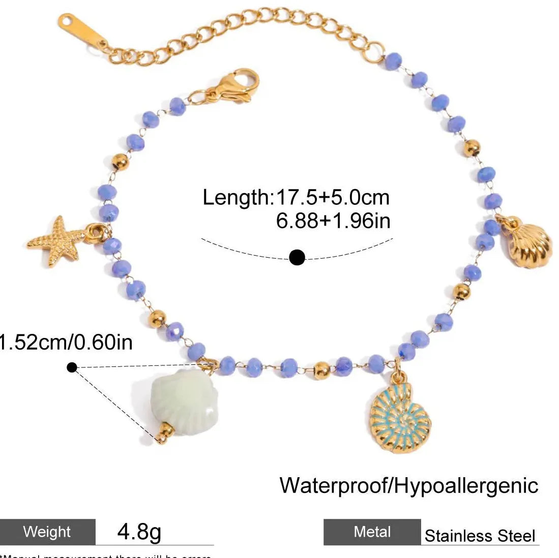 Stainless Steel Summer Beach Conch Shell Starfish Charm Bracelet Women