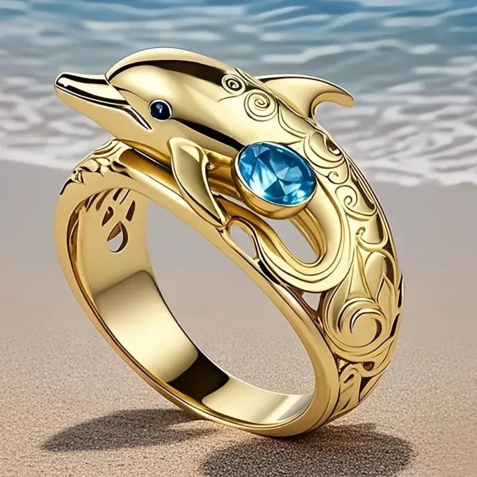 Women’s Brass Dolphin Cocktail Ring with Blue CZ Cubic Zirconia Animal Design