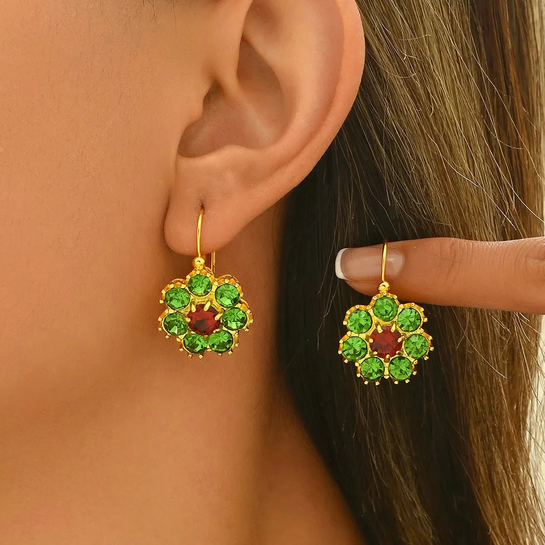 Festival Round Flower Inlay Green Red Stone Drop Earrings for Women Party Jewelry