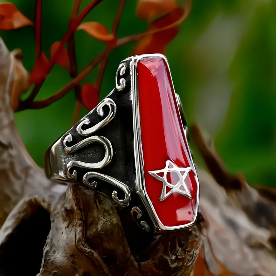 Gothic Vintage Stainless Steel Vampire Coffin Ring with Pentagram Star Unisex Jewelry
