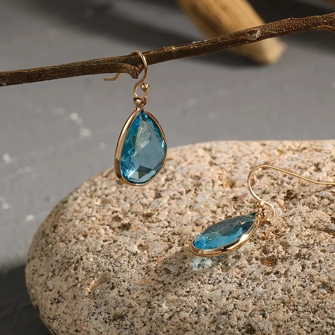 Gold Water Drop Resin Earrings for Women Blue Cubic Zirconia Bridal Jewelry