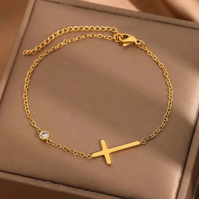 Gold Stainless Steel Cross Chain Bracelet for Women CZ Zircon Charm Gift
