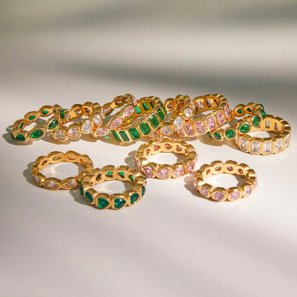 18K Gold Plated Stainless Steel Green Zircon Water Drop Ring for Women