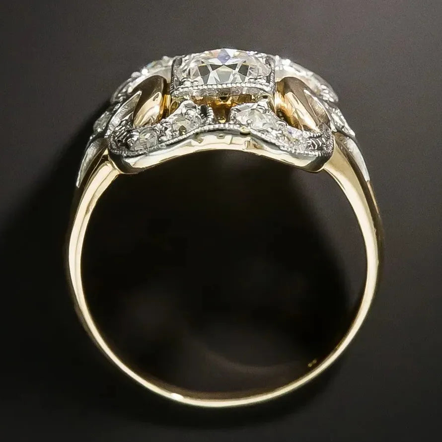 Vintage Copper Zircon Carved Two-Tone Ring Women’s Wedding Festival Jewelry Gift