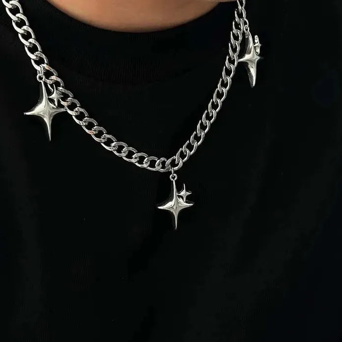 Silver Star Pendant Necklace Gothic Hip Hop Cuban Chain Y2K Jewelry Trendy