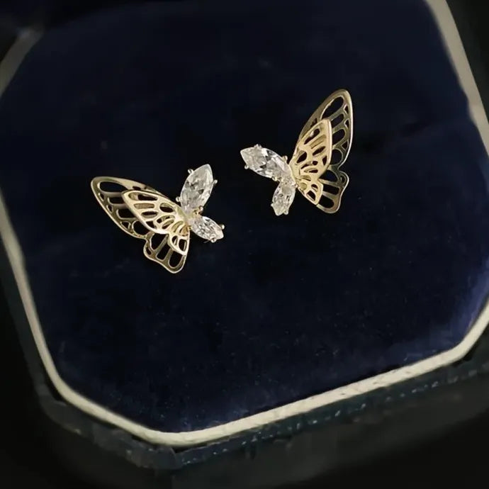 Gold Butterfly Stud Earrings for Women with CZ Stones Copper Alloy