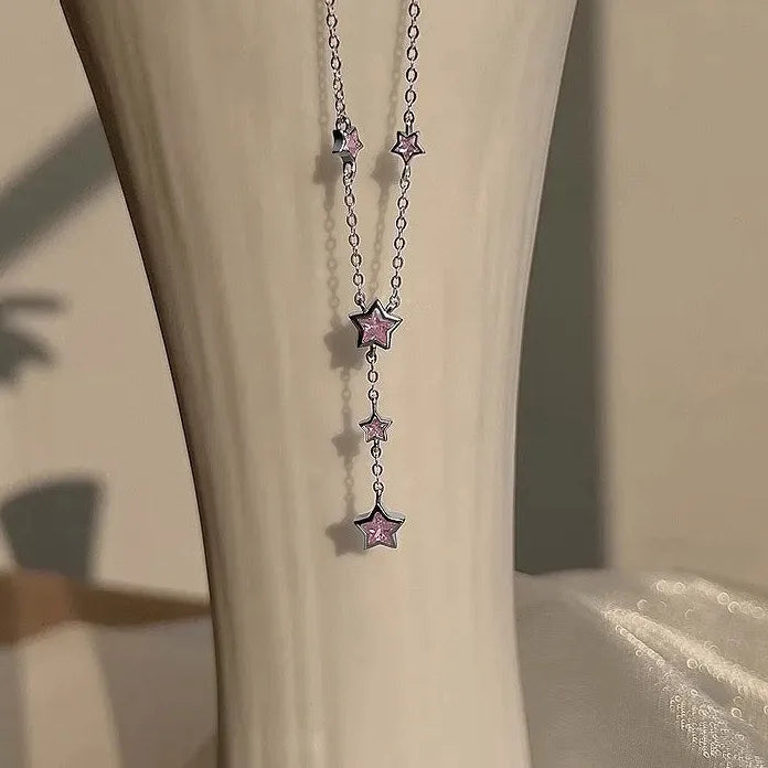 Luxury Stainless Steel Pink Zircon Star Pendant Necklace for Women Y2K