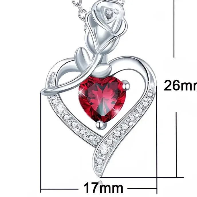 Red Heart Rose Flower CZ Pendant Necklace Copper Alloy Anniversary Gift for Women Mom