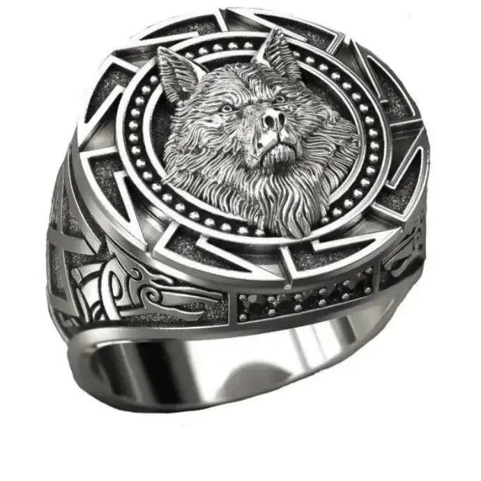 Men's Retro Viking Wolf Head Ring Zinc Alloy Nordic Mythology Geometric Design