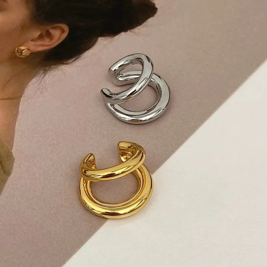 Vintage Gold Silver Double Layered Geometric Clip-On Earrings for Women