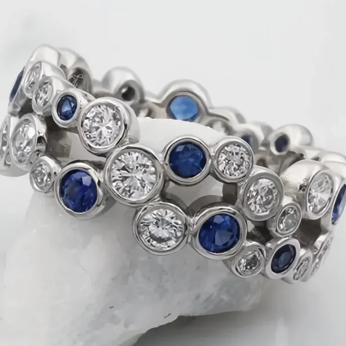 Women’s Silver Cubic Zirconia Wedding Band Ring Brass Blue White Jewelry