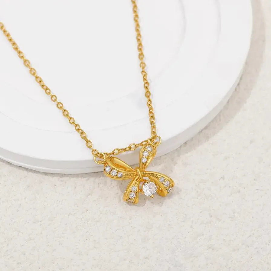 18K Gold Plated Butterfly Bowknot Pendant Necklace Women CZ Zircon Choker Jewelry