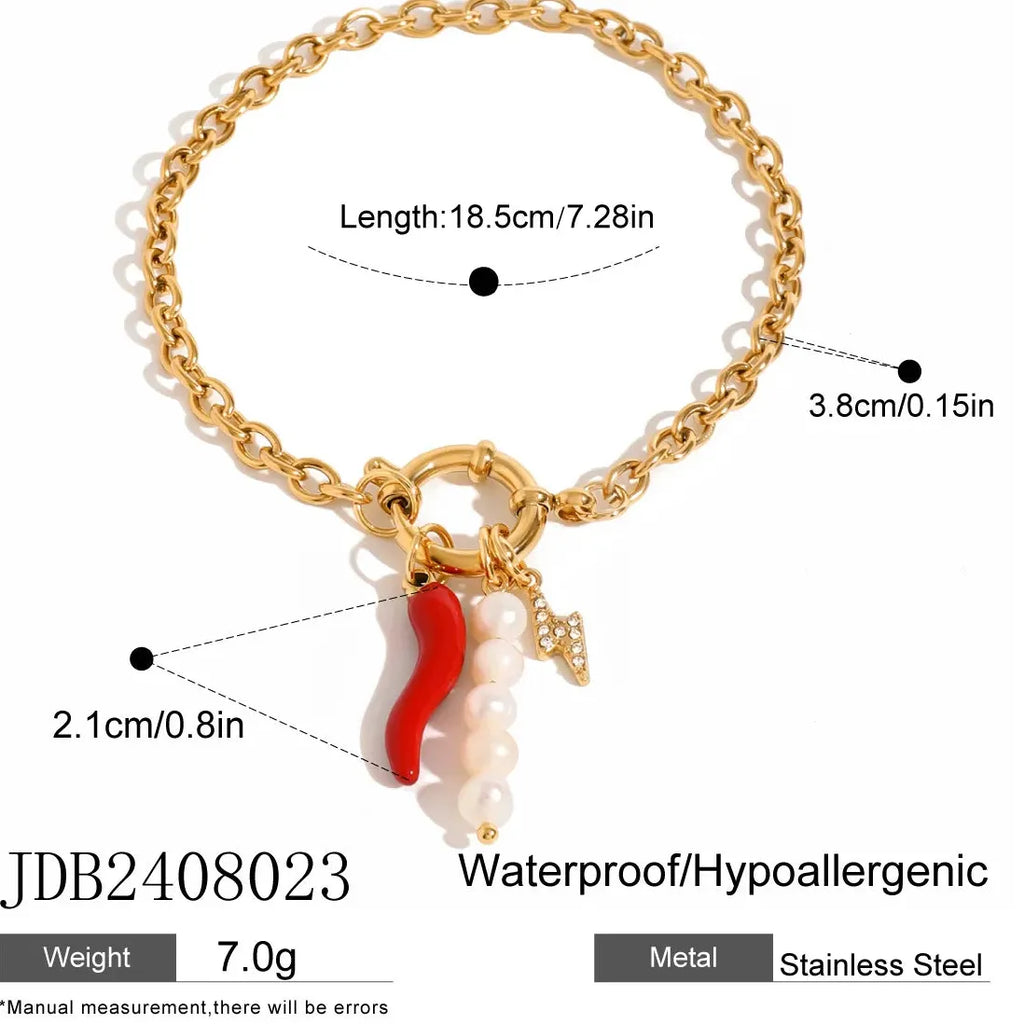 18k Gold Plated Red Chili Pepper Pearl Charm Bracelet Stainless Steel Women Jewelry