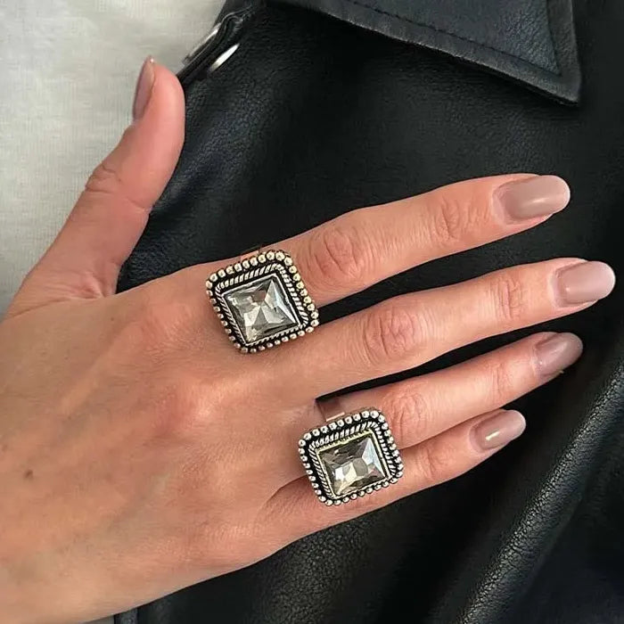 Adjustable Large Vintage Zircon Square Punk Geometric Cocktail Ring