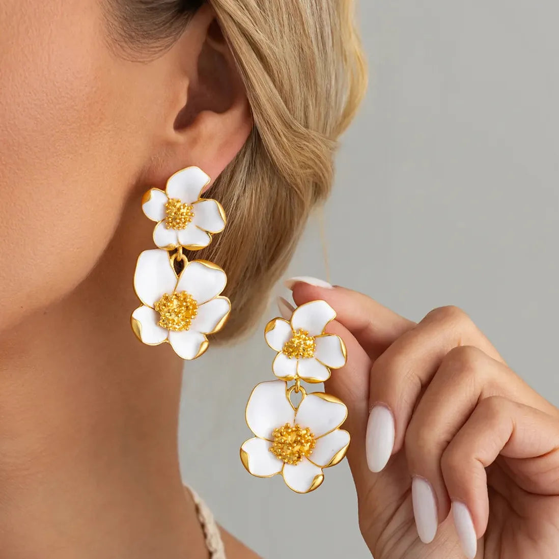 White Enamel Petal Dangle Earrings for Women Vintage Flower Jewelry
