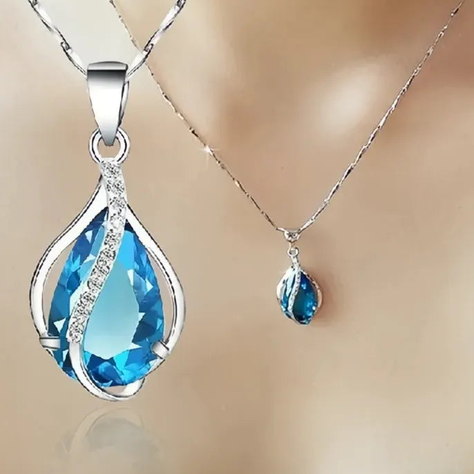 Sky Blue Water Drop Cubic Zirconia Copper Pendant Necklace for Women Wedding