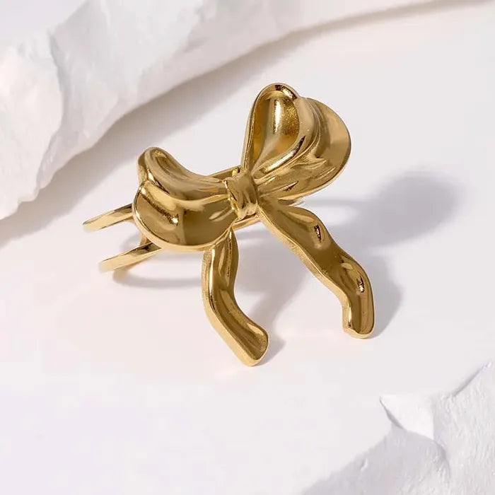 Adjustable Gold Color Stainless Steel Bowknot Ribbon Ring for Women Jewelry Gift