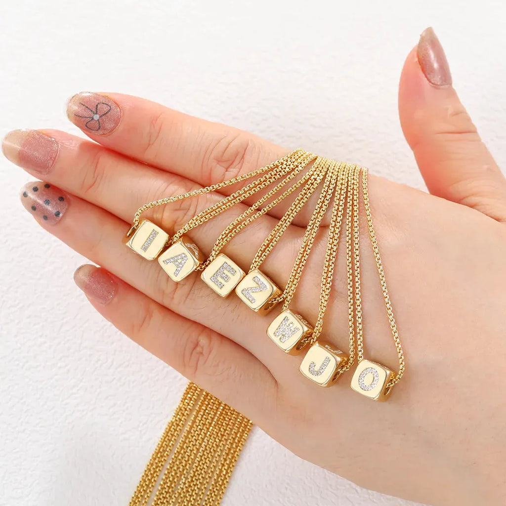 18K Gold Plated Stainless Steel Mini Cube Alphabet Necklace Zircon Choker