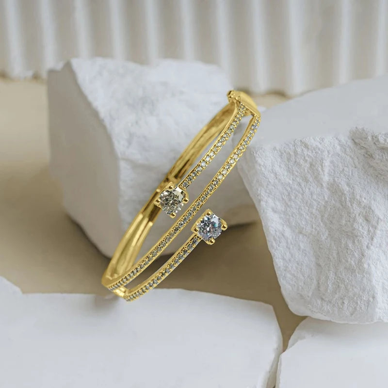 Women’s Silver Gold Copper Alloy CZ Geometric Bangle Bracelet Jewelry