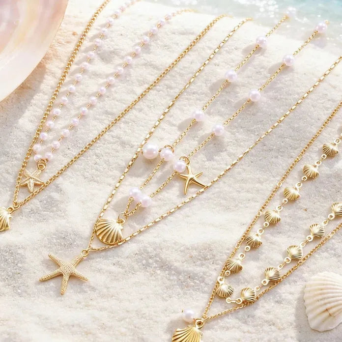 Starfish Shell Pearl Double-Layer Pendant Necklace for Women Zinc Alloy Gift