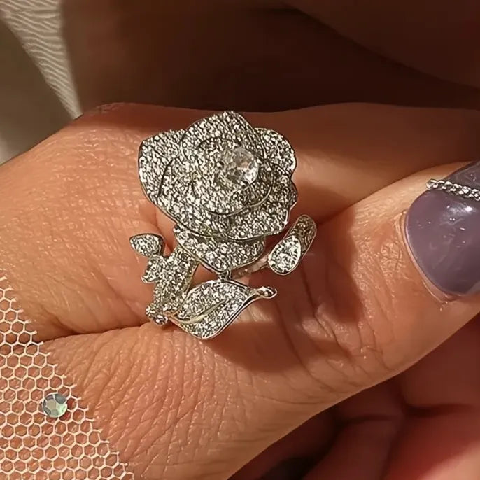 Adjustable Flower Cubic Zirconia Brass Ring for Women Wedding Party Jewelry