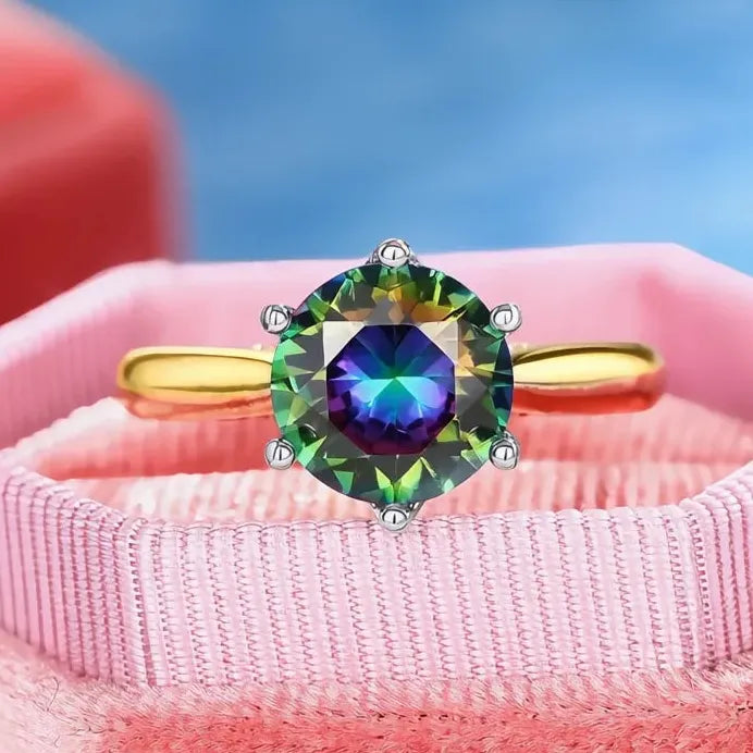 Two Tone Brass Women’s Ring with Multicolor CZ Inlay for Special Occasion