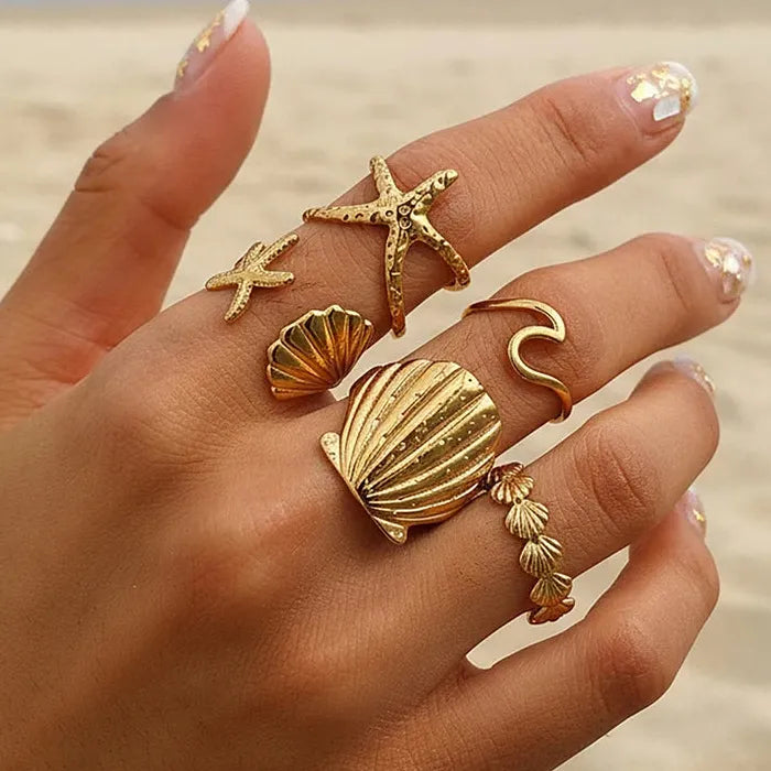 Adjustable Stainless Steel Shell Starfish Ring Set 5Pcs Women Jewelry Gift
