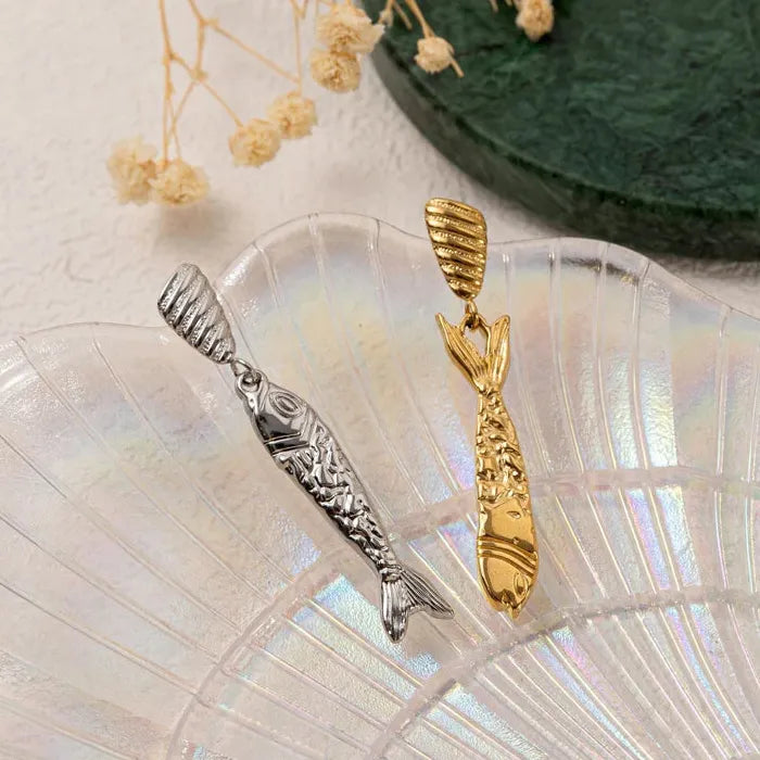 Retro Titanium Steel Fish Drop Earrings Long Gold-Plated Jewelry