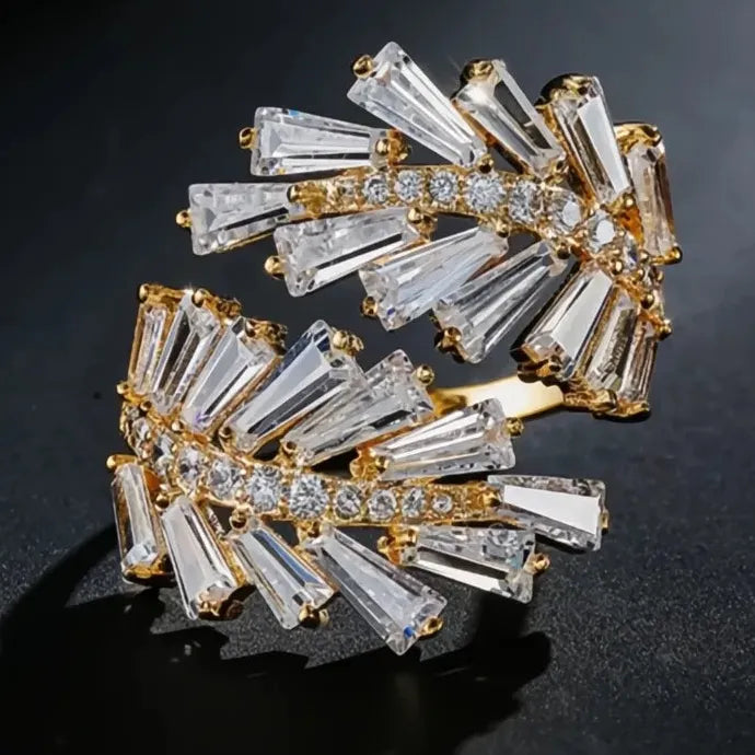 Adjustable Cubic Zirconia Leaf Ring Brass Wedding Bridal Jewelry Luxury