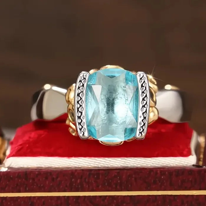 Geometric Brass Ring with Light Blue Cubic Zirconia for Women Party Jewelry