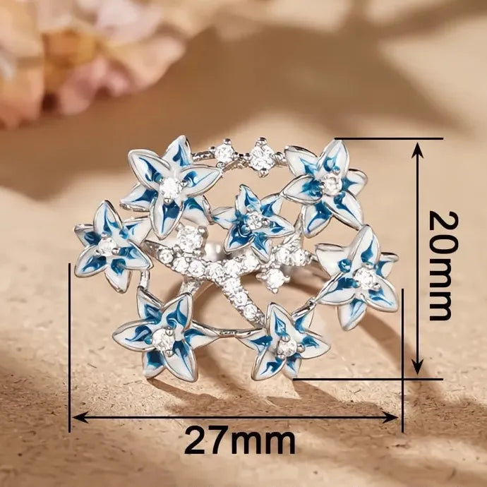 Blue Flower Women Ring Shiny CZ Inlaid Brass Cocktail Party Anniversary Gift