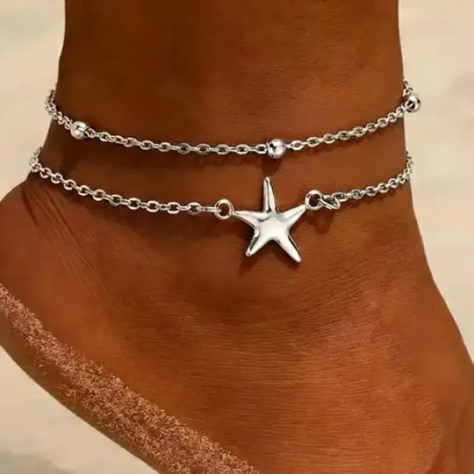 2Pcs Stainless Steel Star Double-Layer Waterproof Anklets for Women