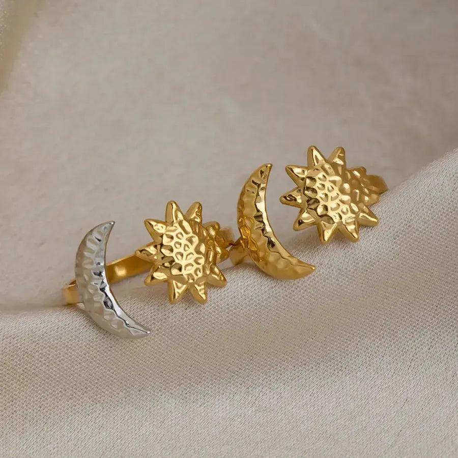 Minimalist Asymmetric Moon Star Open Ring for Women Gold Stainless Steel Jewelry