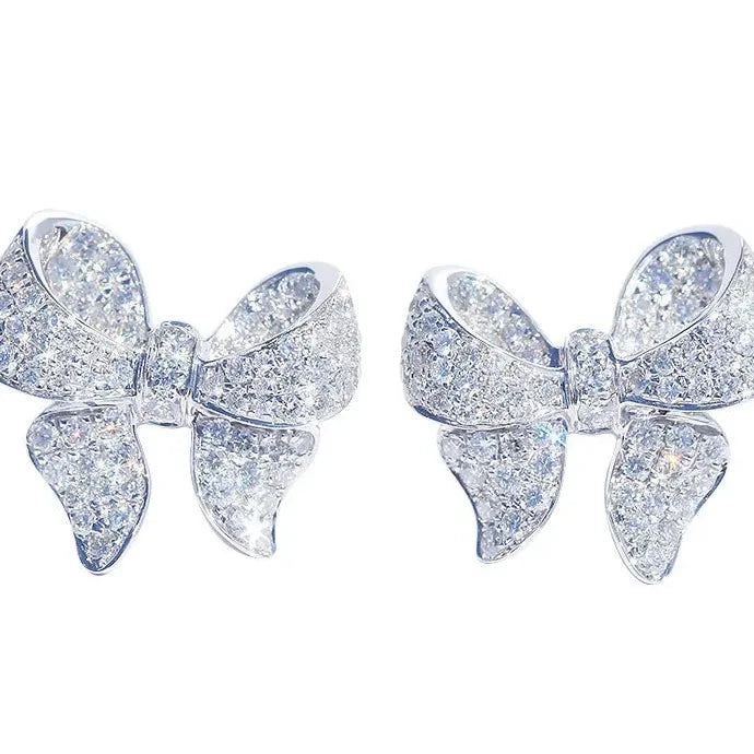 Romantic Bowknot Women Stud Earrings Crystal Zircon Glass Stone Jewelry
