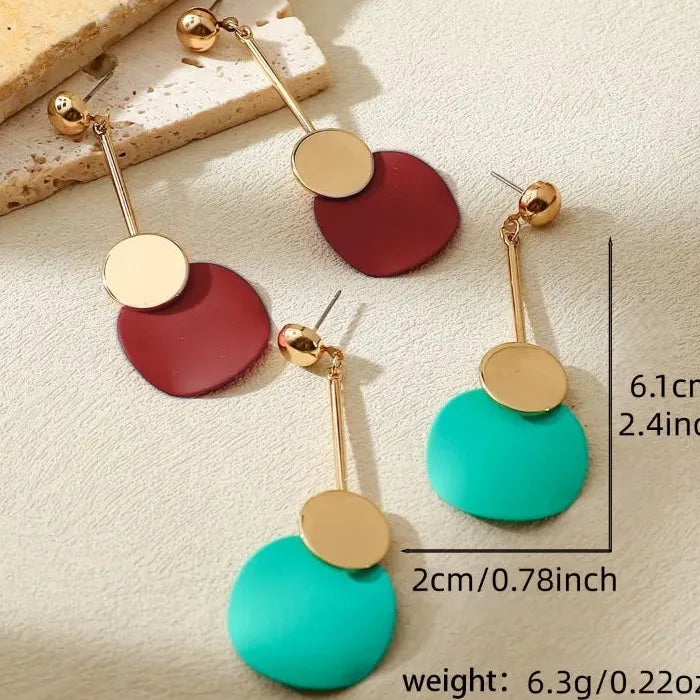 Retro Irregular Geometric Gold Metal Drop Earrings with Red Pendant for Ladies