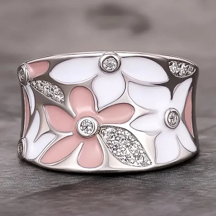 Geometric Silver Enamel Flower Ring with Cubic Zirconia for Women Gift