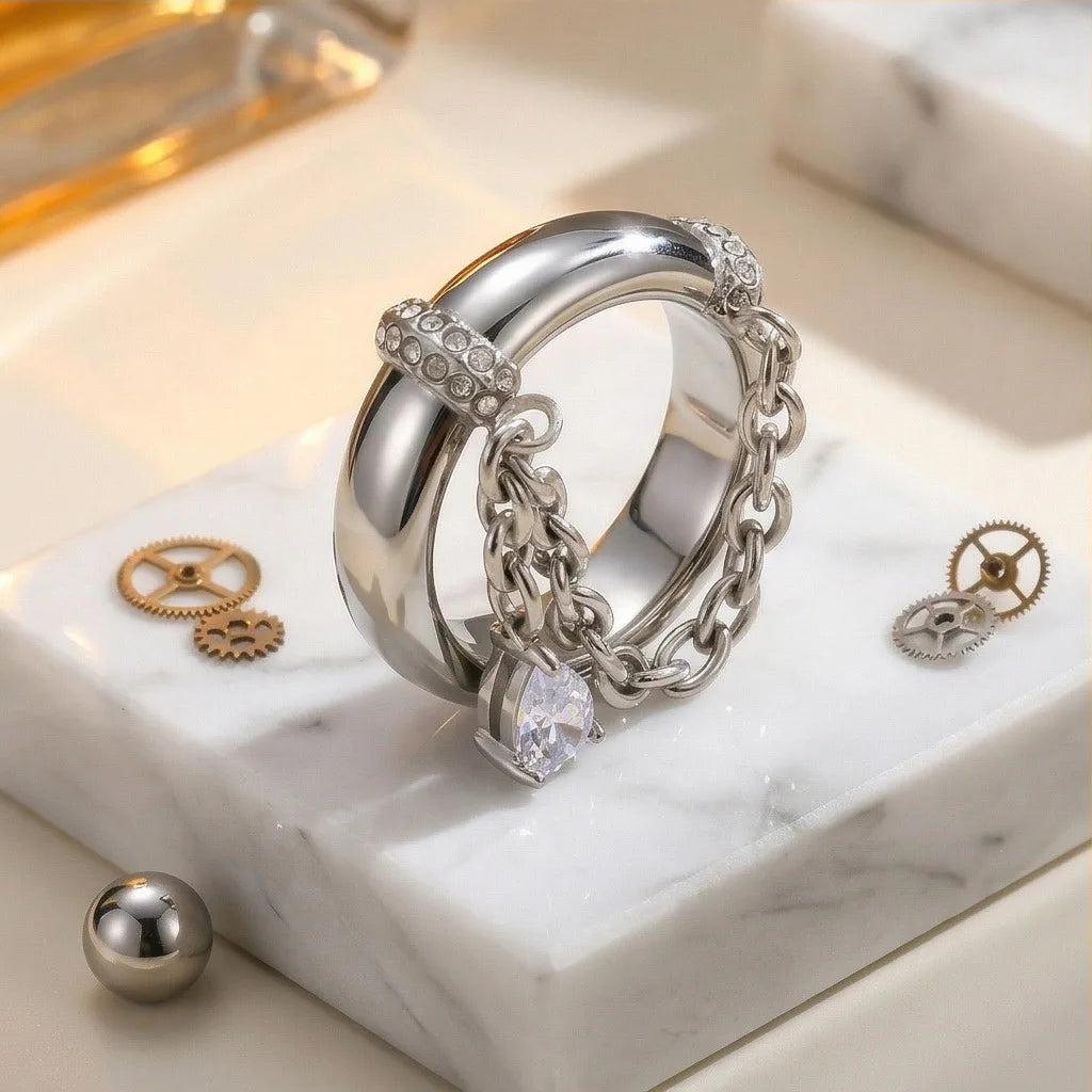 18K Gold Plated Stainless Steel CZ Chain Link Ring Women Waterproof Retro Jewelry